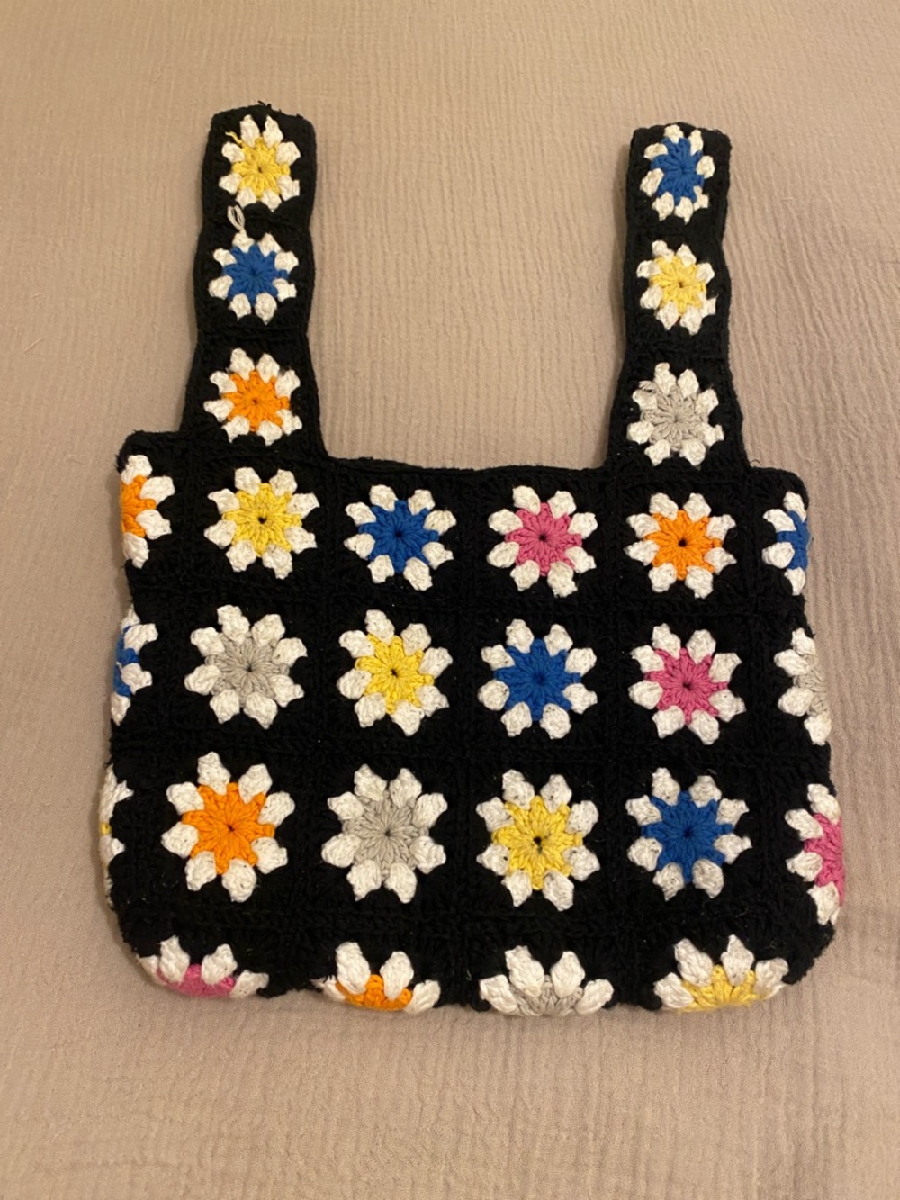 CAROLYN ROWAN Handmade Black Crochet Floral Tote Bag with Multicolor Accents